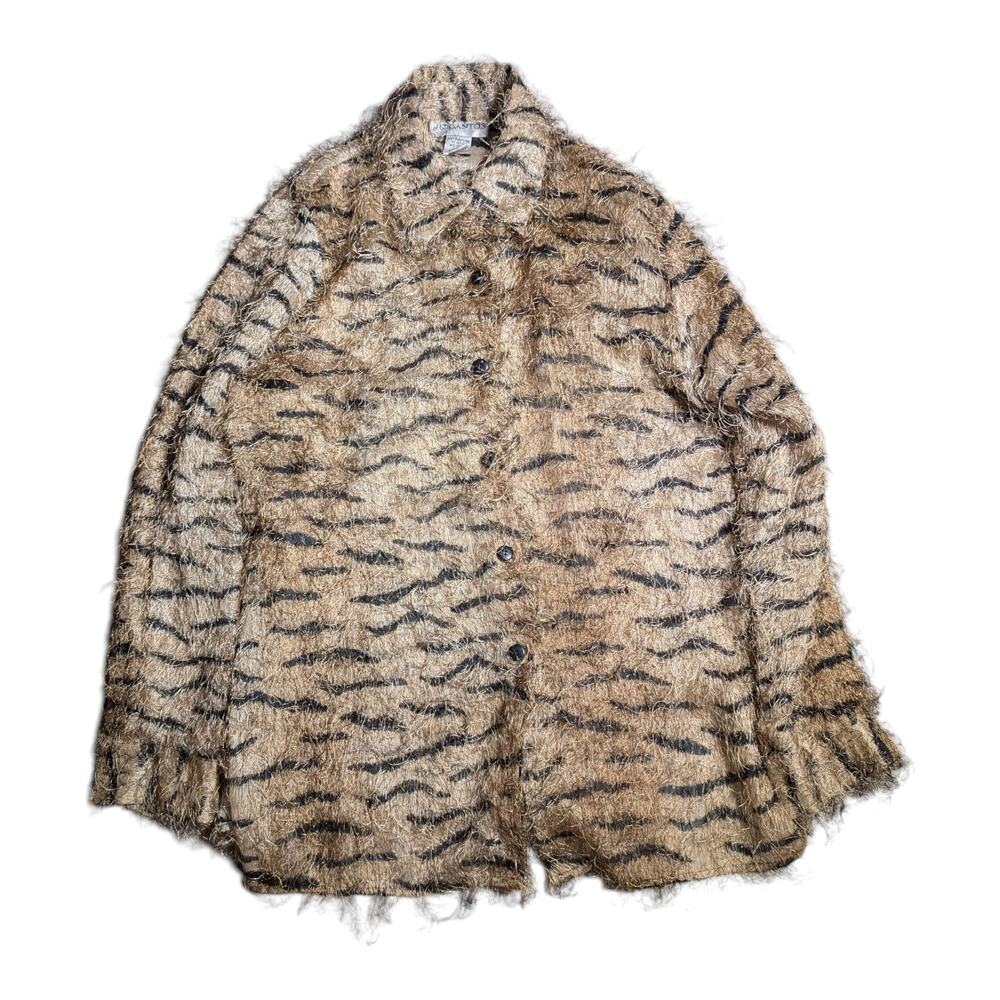 Vtg 1990s Gantos Beige Zebra Print Fuzzy Eyelash Semi Sheer Button Up Top Sz M